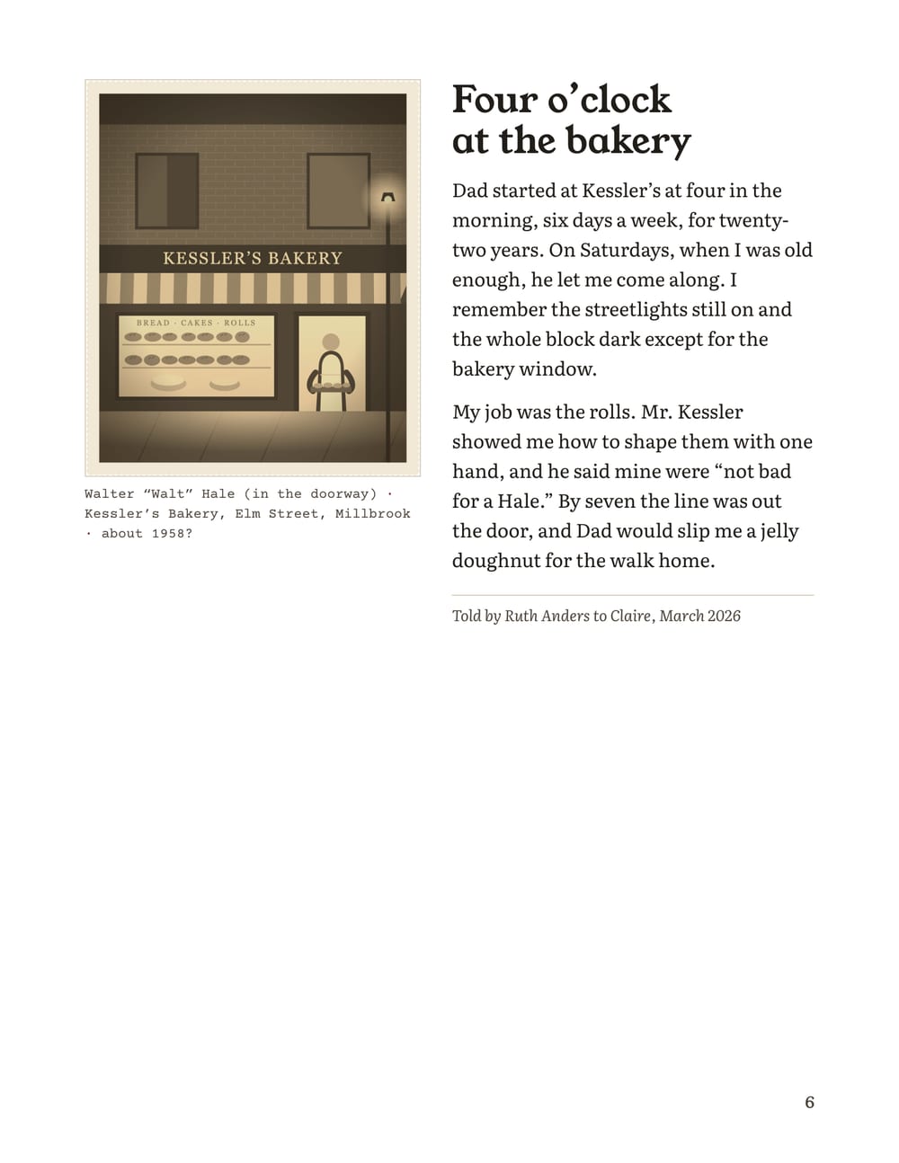 A finished storybook page with a bakery photo beside the story.