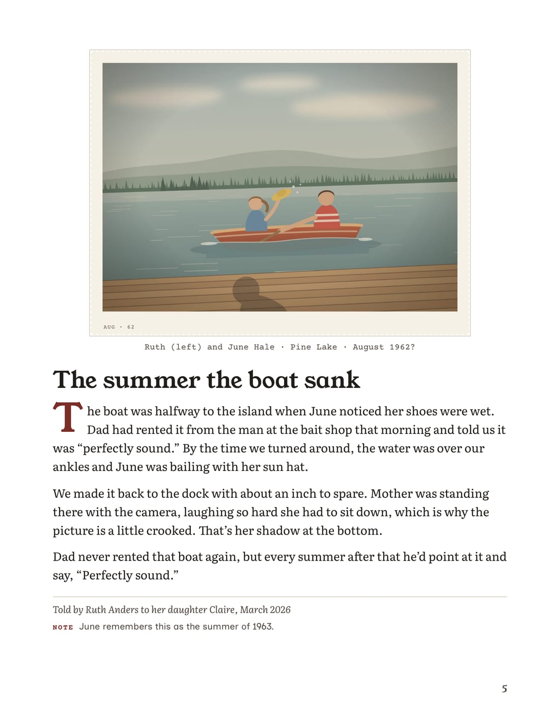 A finished family storybook page titled “The summer the boat sank”, with a lake photo, a caption and a short story.