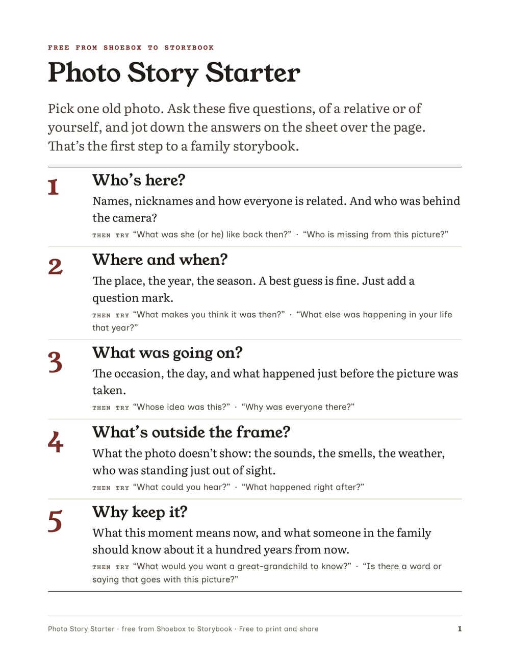 Page 1: the five photo questions with follow-ups.