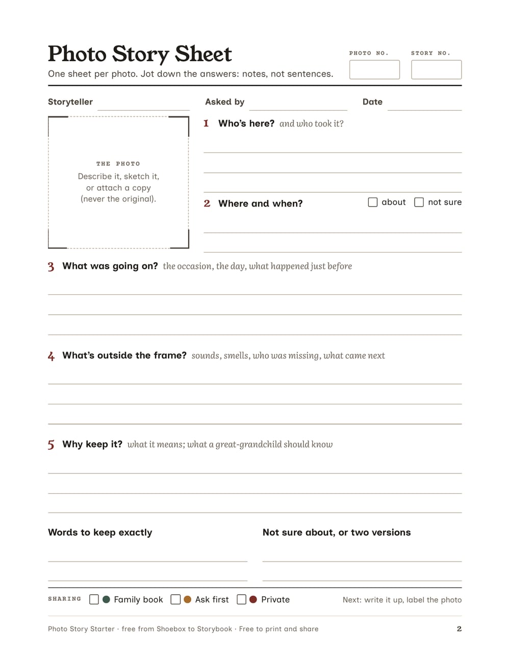 Page 2: a Photo Story Sheet with space for the photo and each answer.