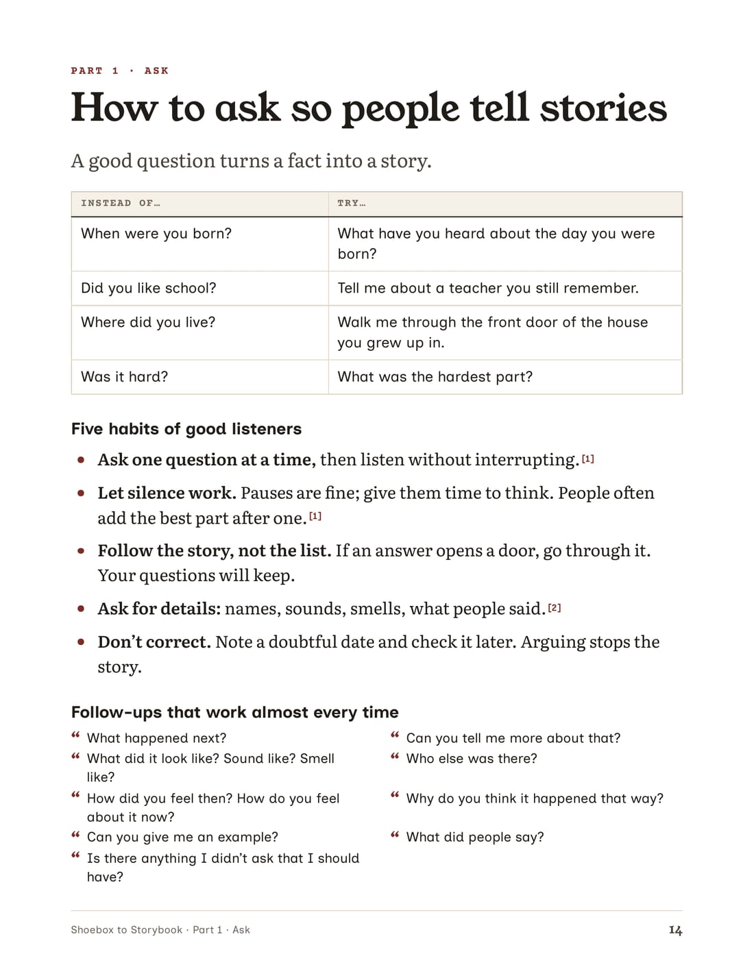 Guide page: how to ask so people tell stories, with questions to try instead of yes-or-no ones.