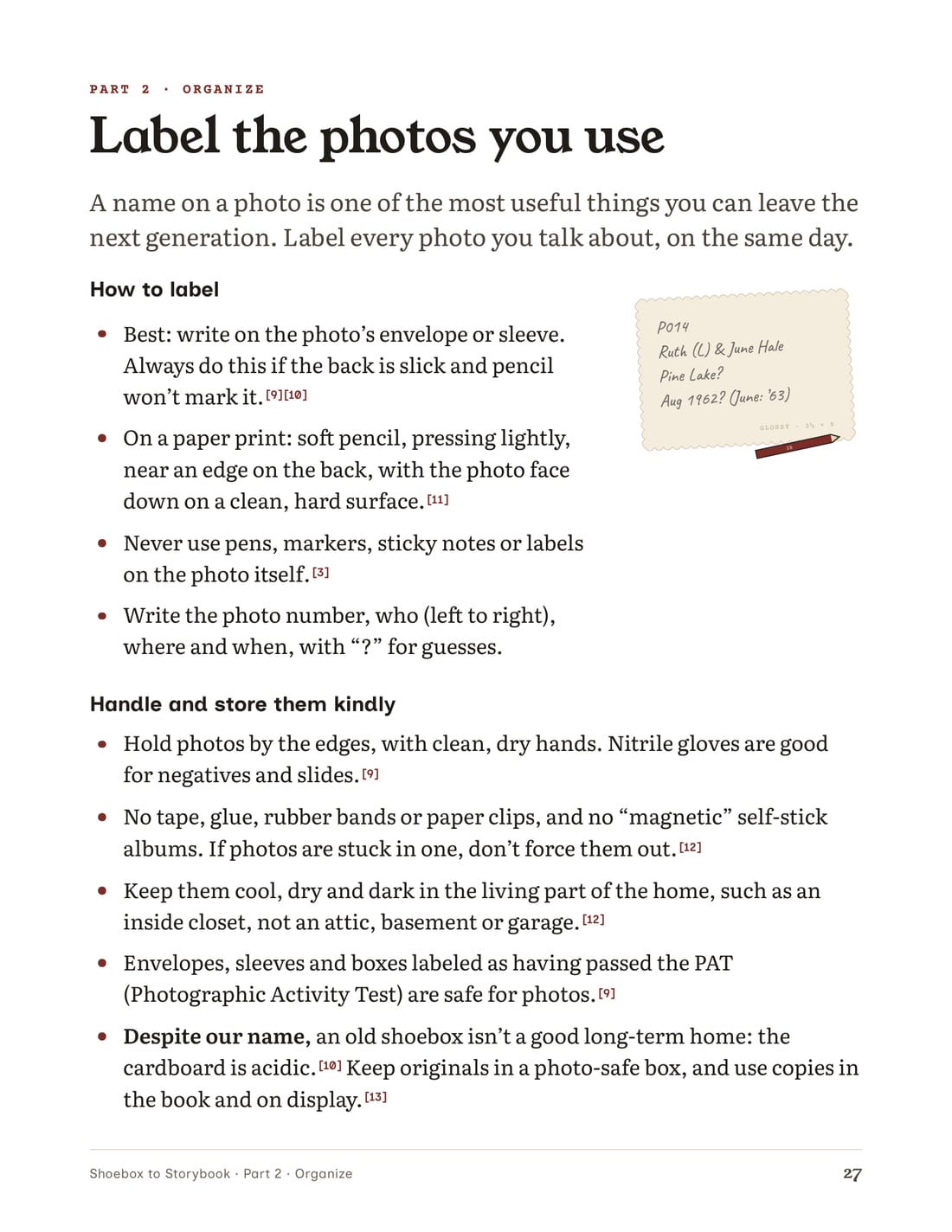 Guide page on labeling the back of a photo in soft pencil.