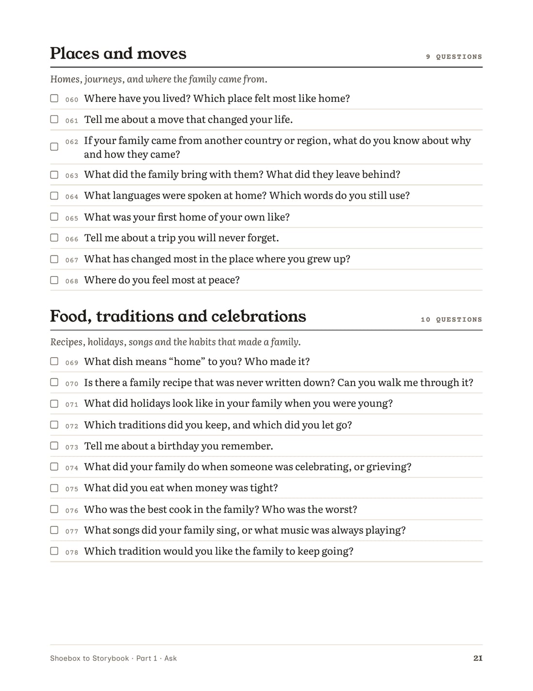 Guide page listing questions about places and food, each with a tick box.