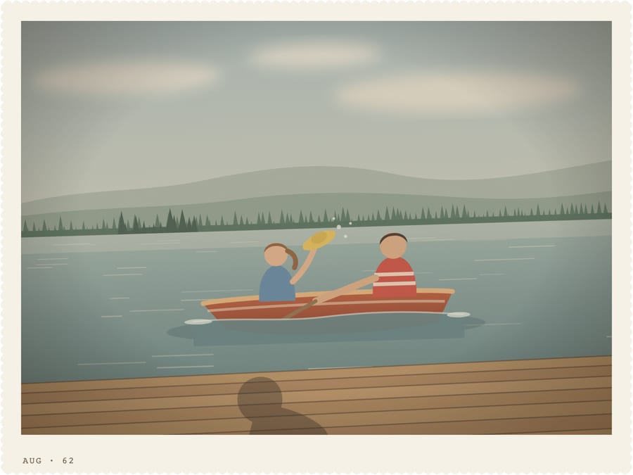 An old snapshot of two girls rowing a boat on a lake.