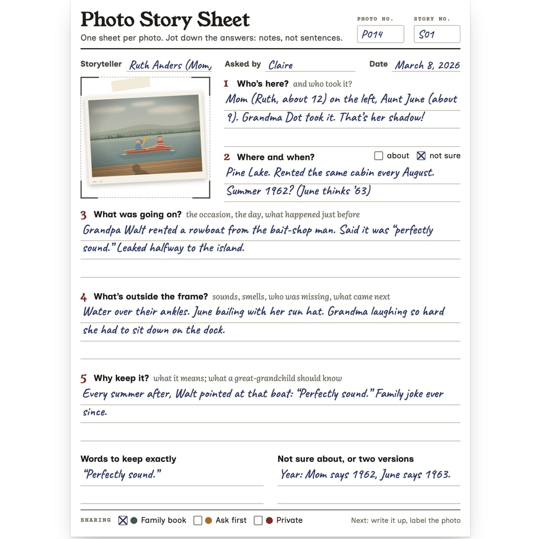 A Photo Story Sheet filled in by hand with short notes about the lake photo.
