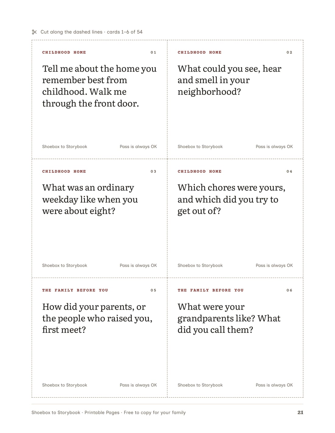 A sheet of six cut-out question cards.