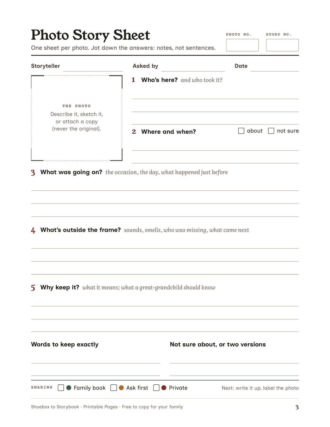 Printable Photo Story Sheet with the five questions and writing lines.