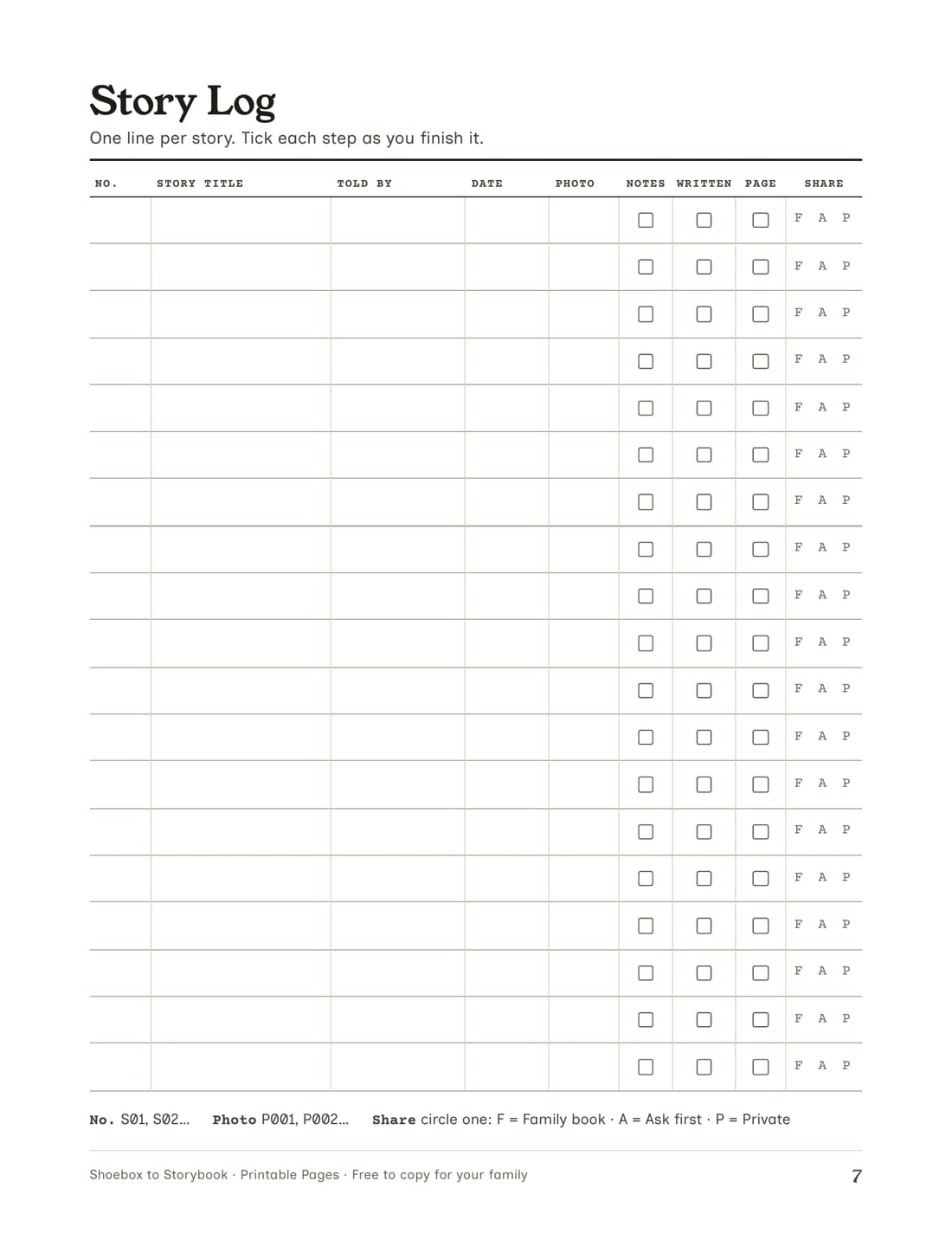 Printable Story Log with columns for each story and tick boxes for progress.