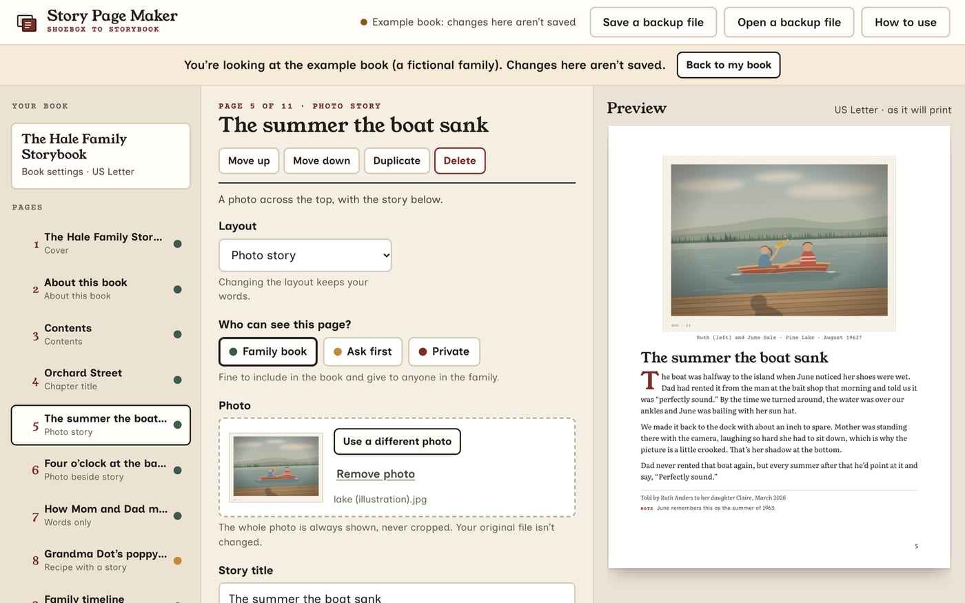 The Story Page Maker open in a web browser, showing the example book.